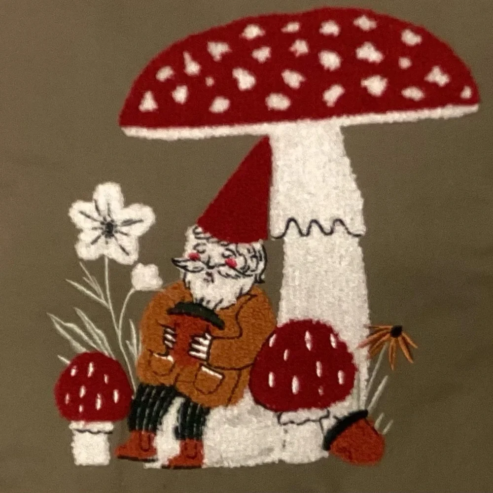 Green Fall Gnome & Mushrooms Throw Pillow with Checkerboard Back. New